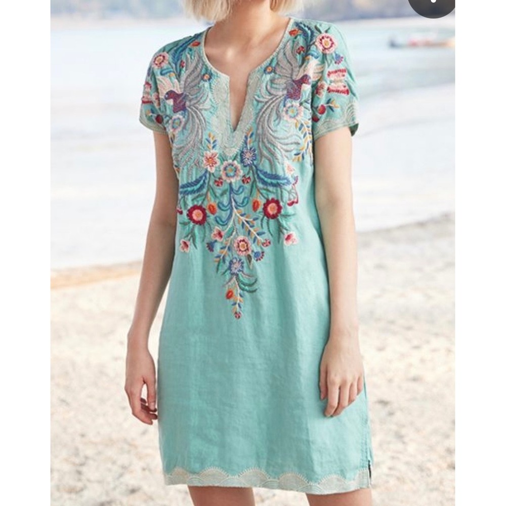 Los Angeles L Embroidered Linen Tunic Dress Aqua Floral Boho 22" P2P